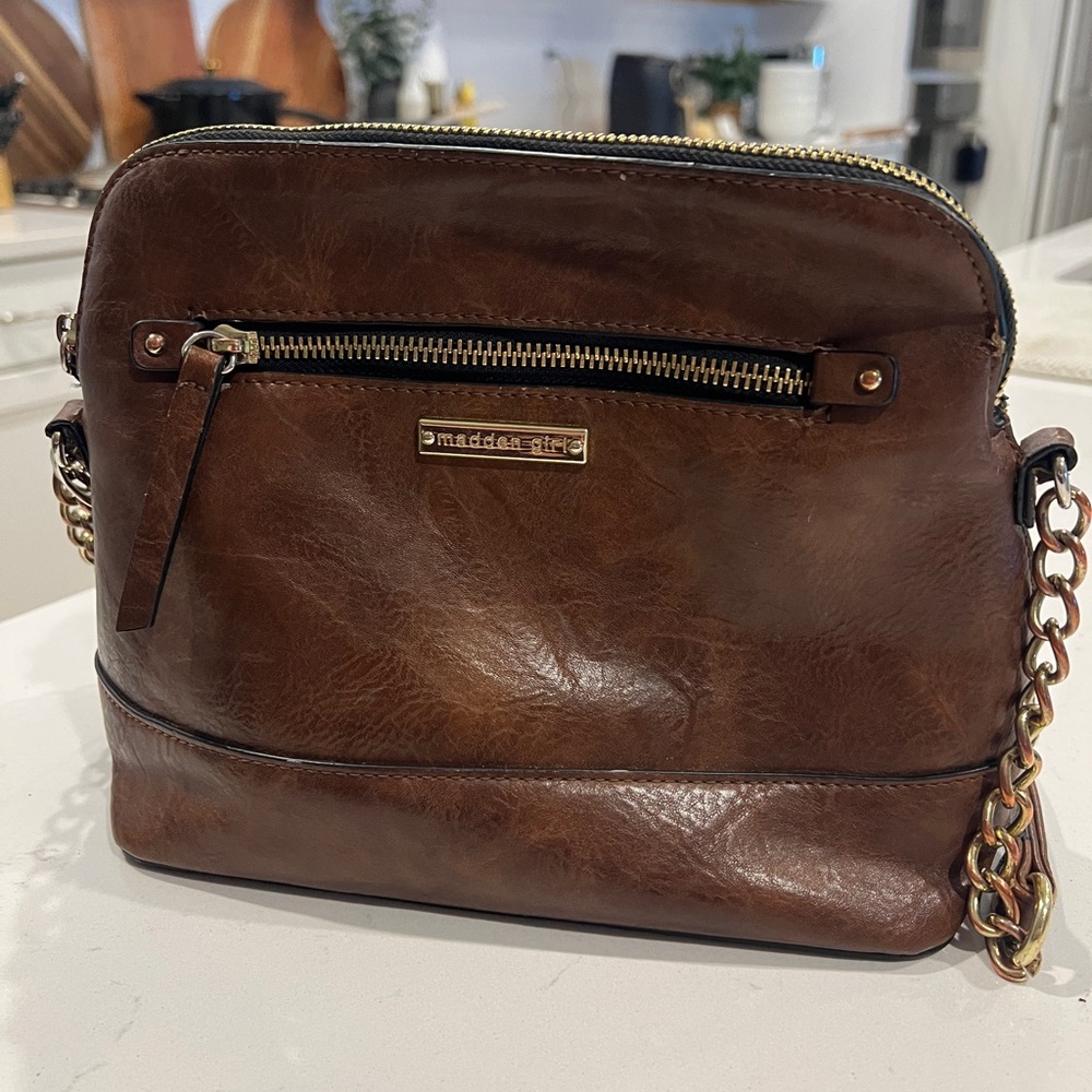 Madden Girl Brown Faux Leather Crossbody Shoulder Bag Gold Chain Strap